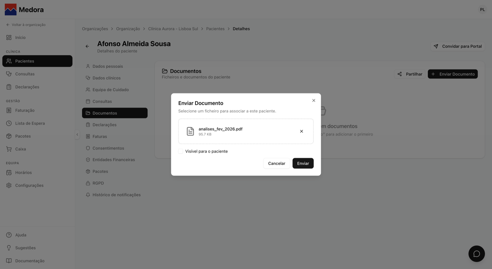 Janela de envio de um documento, com o ficheiro selecionado e a opção de o tornar visível para o paciente