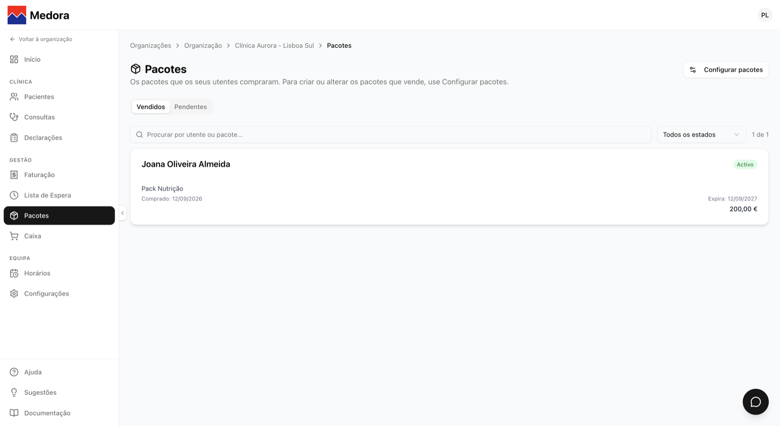 Página de Pacotes com os separadores Vendidos e Pendentes, e um pacote vendido com a data de compra, a validade e o valor