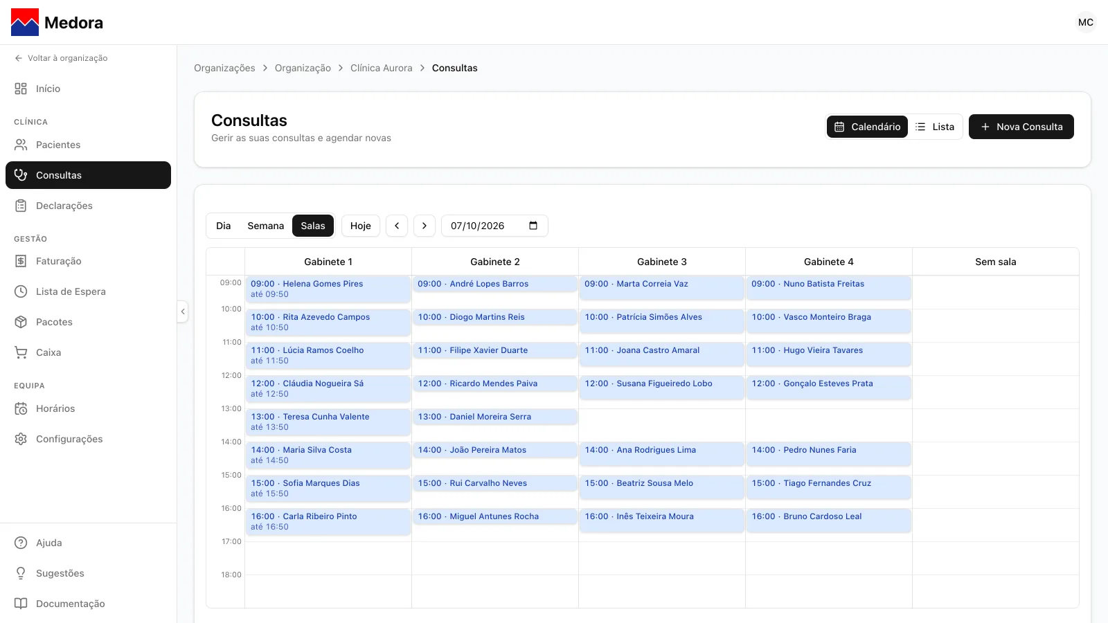 Consultas na vista Calendário › Salas, com uma coluna por gabinete e a coluna Sem sala
