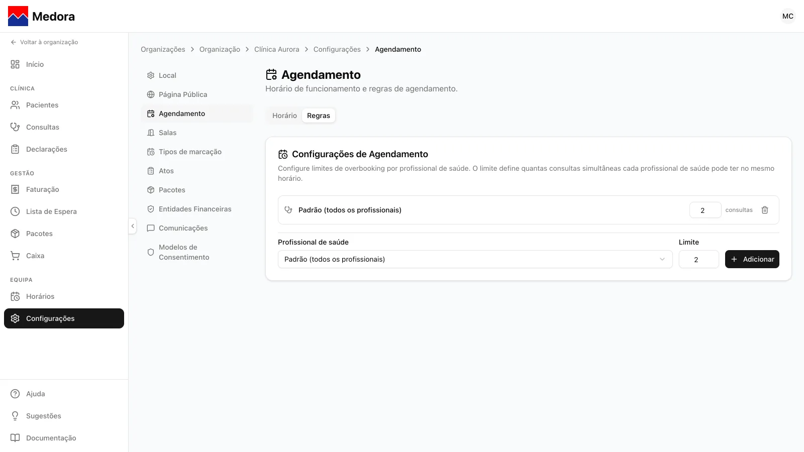 Configurações › Agendamento › Regras, com a regra Padrão (todos os profissionais) de 2 consultas e os campos Profissional de saúde, Limite e Adicionar