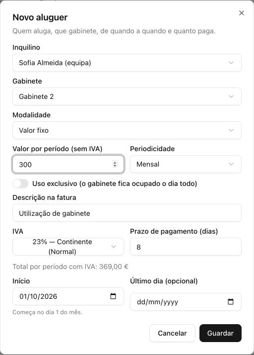 Janela Novo aluguer com o inquilino, o gabinete, a modalidade Valor fixo, o valor por período e a periodicidade Mensal