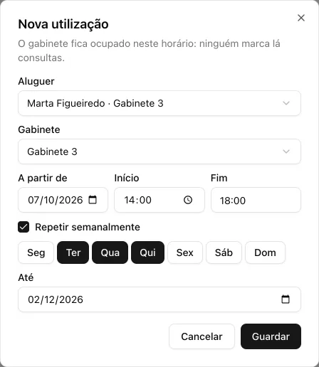 Janela Nova utilização com o aluguer, o gabinete, o horário das 14:00 às 18:00 e Repetir semanalmente ativo