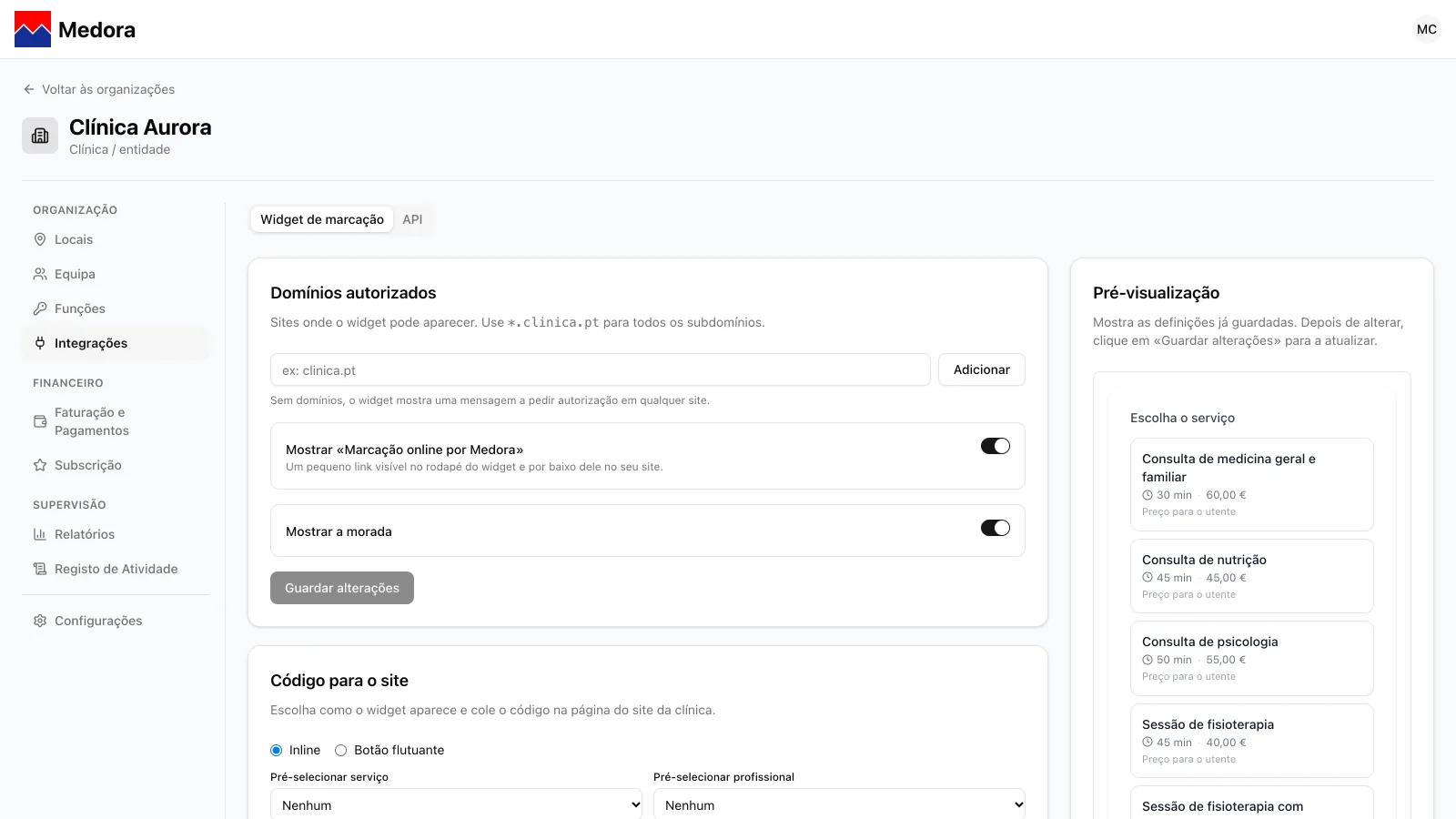 Organização › Integrações, separador Widget de marcação, com os cartões Domínios autorizados e Código para o site e a pré-visualização ao lado
