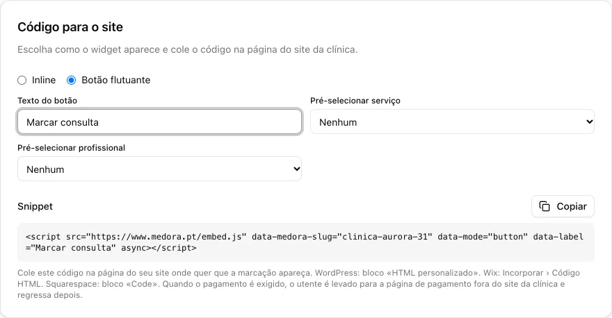 Cartão Código para o site com Botão flutuante escolhido, o texto do botão Marcar consulta e o código pronto a copiar