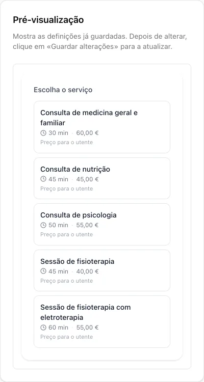 Pré-visualização do widget com a lista de serviços para escolher, cada um com a duração e o preço