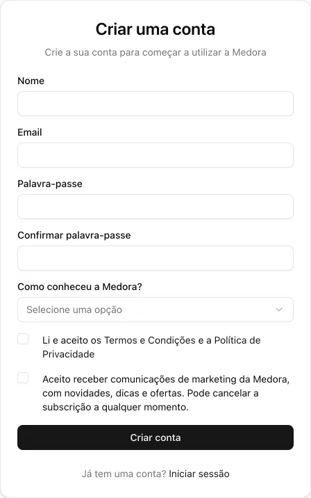 Formulário «Criar uma conta» da Medora, com os campos Nome, Email, Palavra-passe, Confirmar palavra-passe e Como conheceu a Medora?