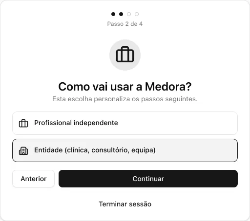 Passo 2 de 4, «Como vai usar a Medora?», com a opção Entidade (clínica, consultório, equipa) escolhida