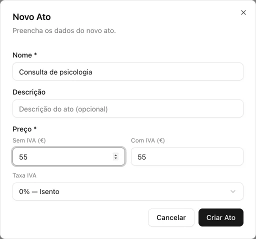 Janela «Novo Ato» com o nome Consulta de psicologia, o preço de 55 € e a taxa de IVA 0% — Isento