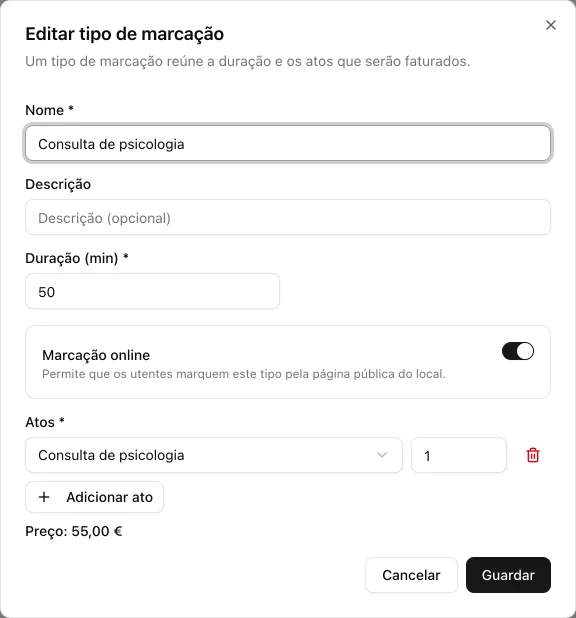 Janela de um tipo de marcação com nome, duração de 50 minutos, Marcação online ativa, um ato e o preço de 55 €