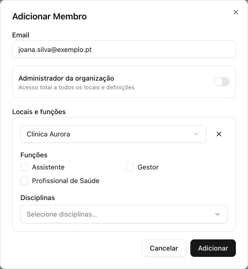 Janela «Adicionar Membro» com o email, o interruptor Administrador da organização, o local e as funções Assistente, Gestor e Profissional de Saúde