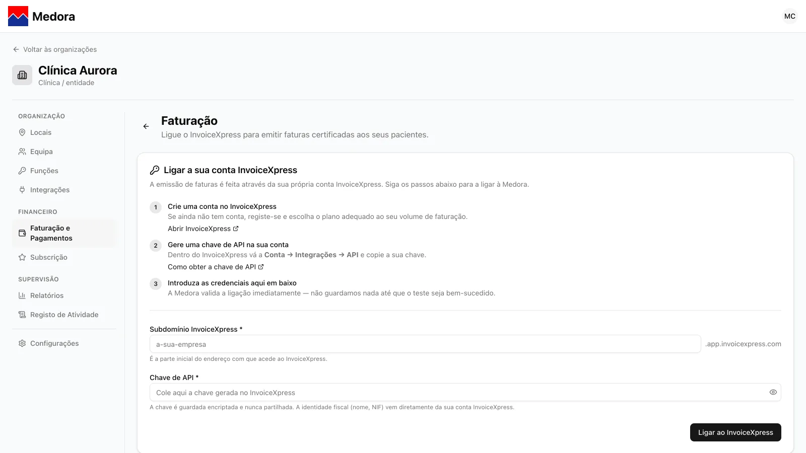 Organização › Faturação e Pagamentos › Faturação, com o cartão Ligar a sua conta InvoiceXpress, os campos Subdomínio InvoiceXpress e Chave de API e o botão Ligar ao InvoiceXpress