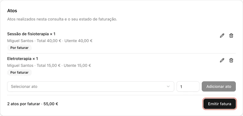 Cartão Atos de uma sessão de fisioterapia com dois atos Por faturar, o total 2 atos por faturar · 55,00 € e o botão Emitir fatura