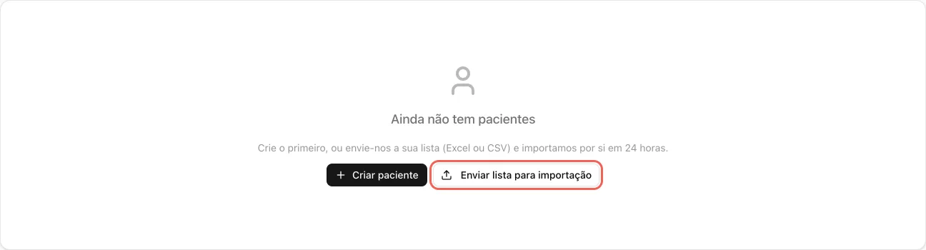 Lista de Pacientes vazia, com a mensagem Ainda não tem pacientes e os botões Criar paciente e Enviar lista para importação