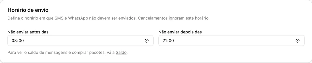 Cartão Horário de envio com Não enviar antes das 08:00 e Não enviar depois das 21:00