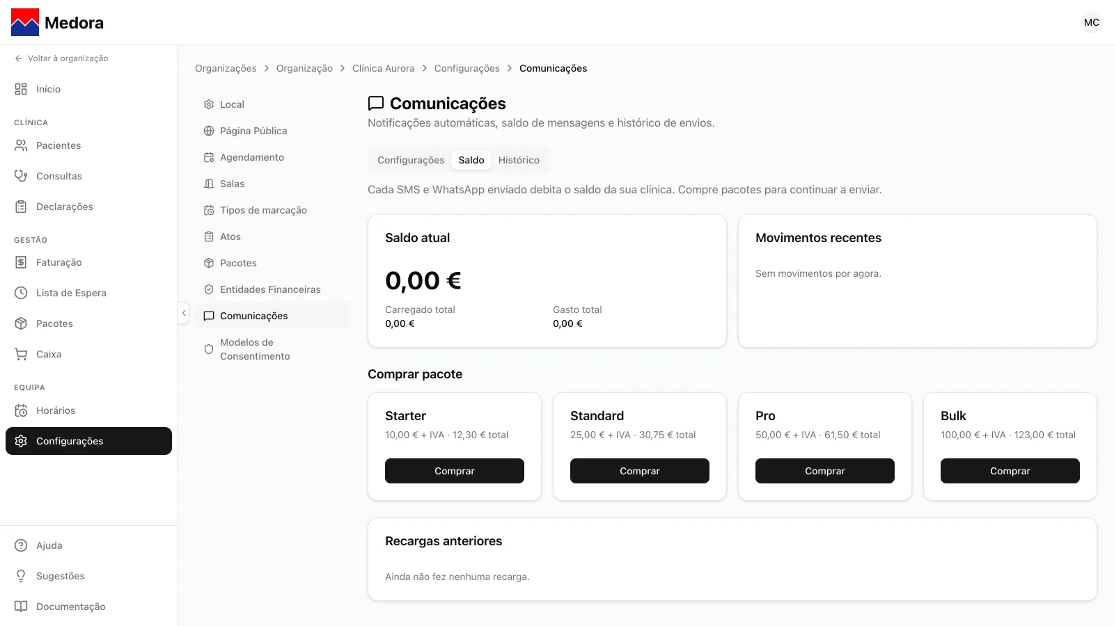 Separador Saldo com o Saldo atual a 0,00 €, Movimentos recentes e os pacotes Starter, Standard, Pro e Bulk, cada um com o botão Comprar