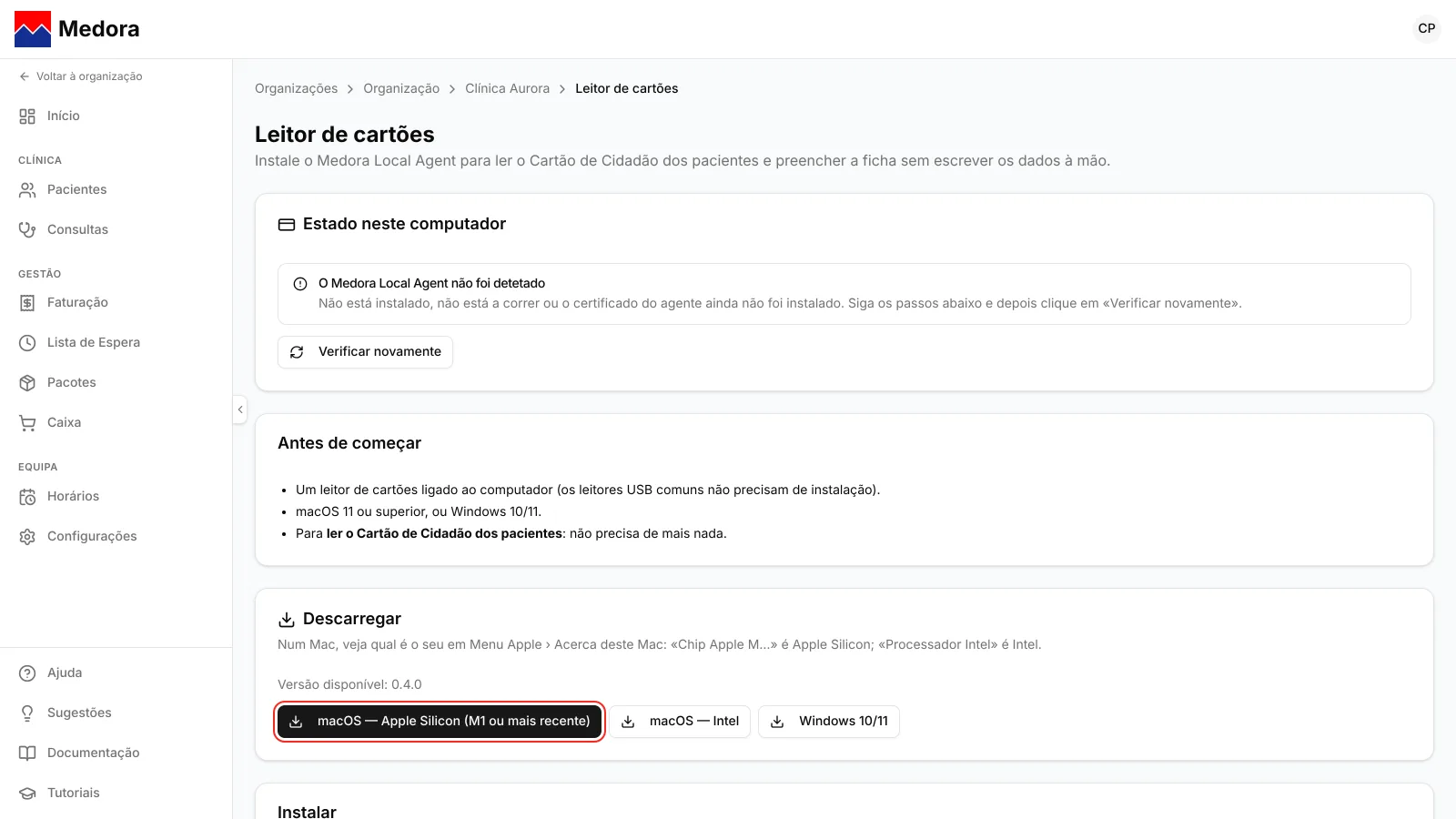 Página Leitor de cartões, com o aviso O Medora Local Agent não foi detetado e os botões para descarregar o agente para macOS e Windows
