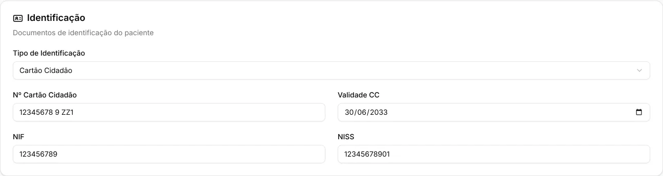 Secção Identificação preenchida: Cartão Cidadão, número do cartão, validade, NIF e NISS