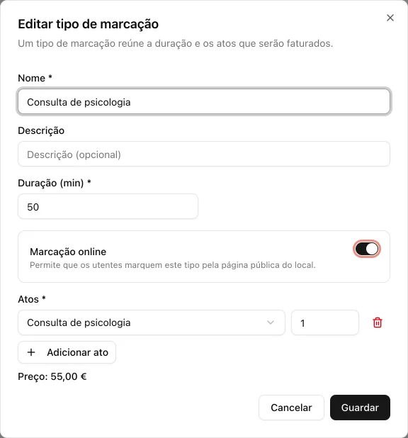 Janela Editar tipo de marcação, com o interruptor Marcação online ativo e assinalado