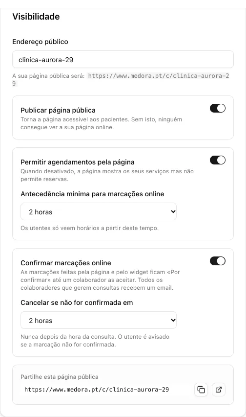 Cartão Visibilidade com Confirmar marcações online ativo e o campo Cancelar se não for confirmada em, com 2 horas