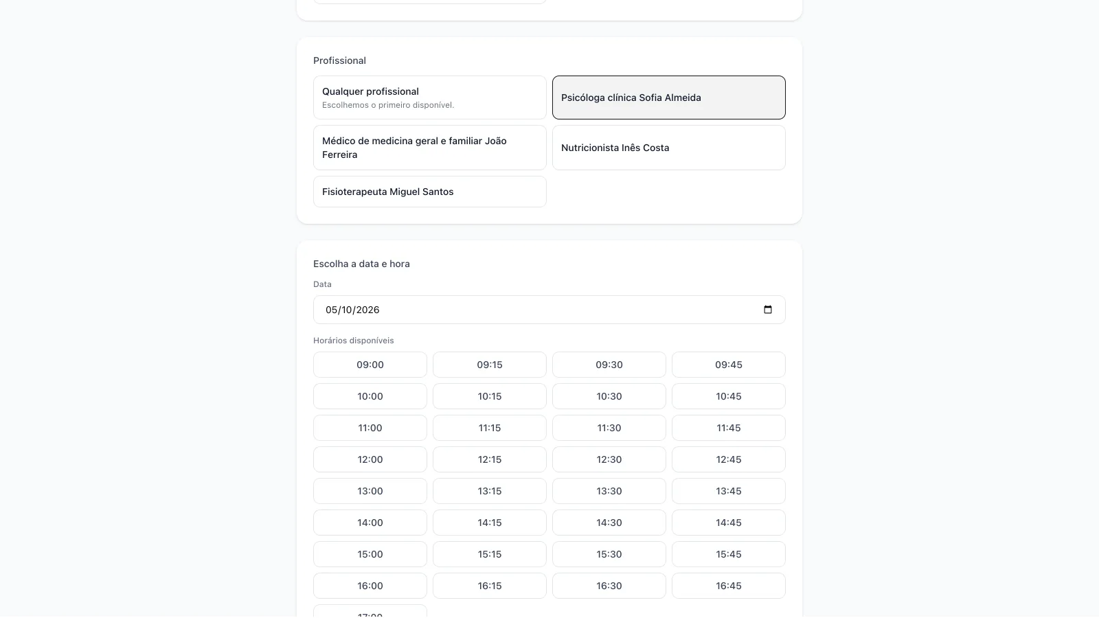 Página pública de marcações com uma profissional escolhida, a data e os horários disponíveis de 15 em 15 minutos