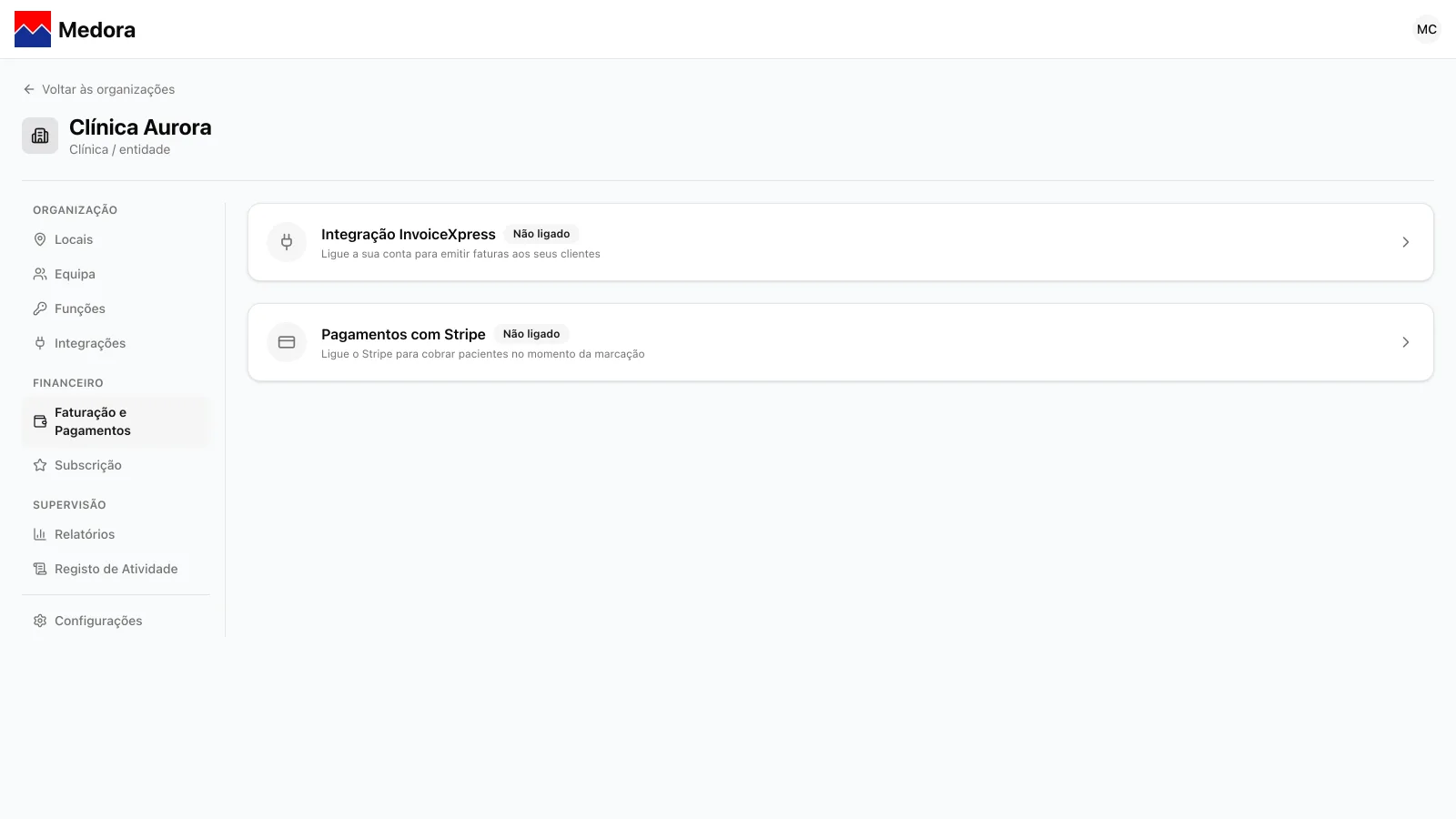 Organização › Faturação e Pagamentos, com os cartões Integração InvoiceXpress e Pagamentos com Stripe, ambos Não ligado