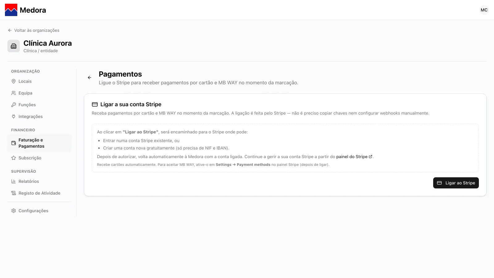 Ecrã Pagamentos com o cartão Ligar a sua conta Stripe e o botão Ligar ao Stripe