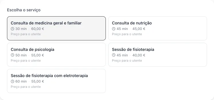 Página pública de marcação com a lista de serviços, cada um com a duração e o preço para o utente